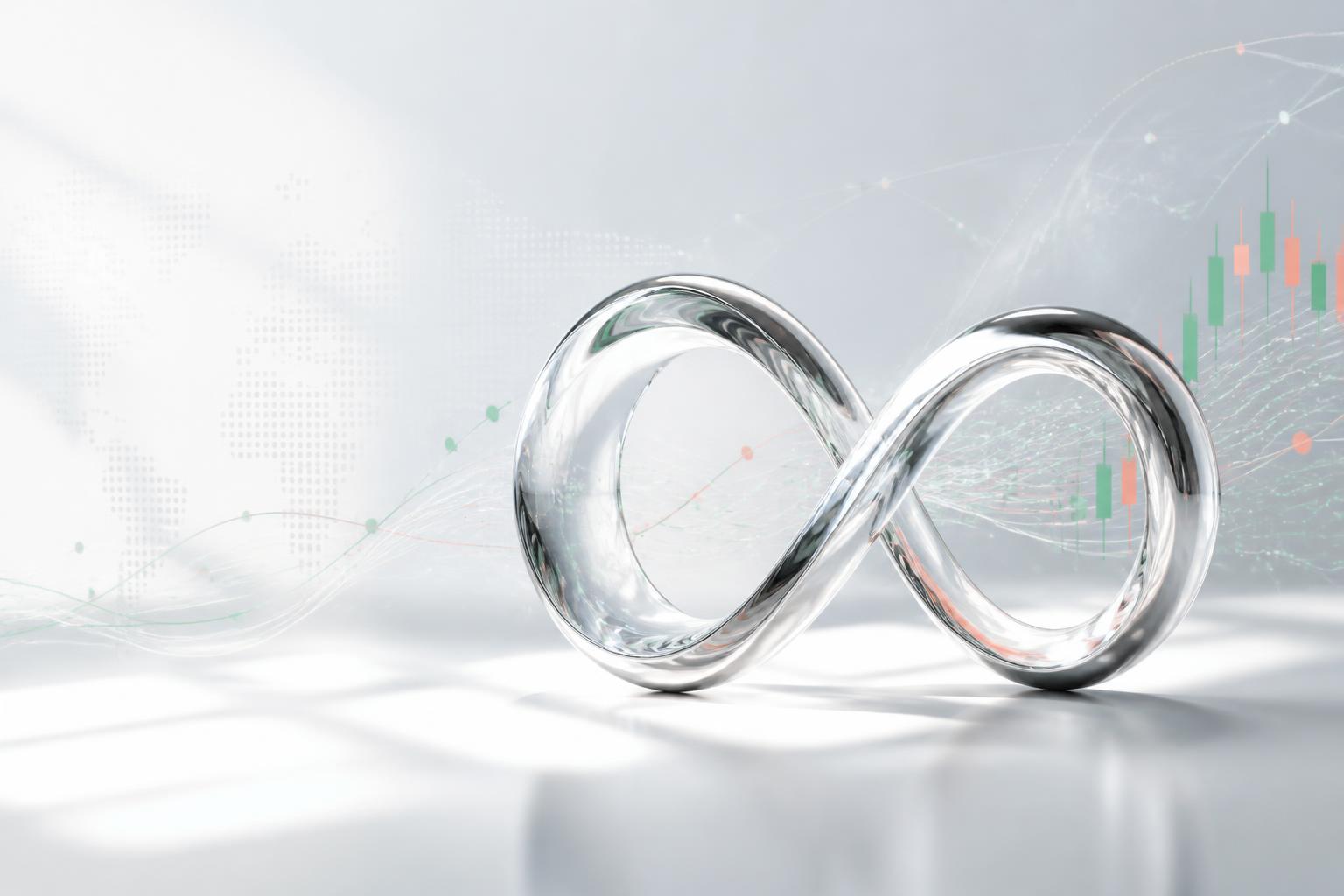 A transparent loop sculpture surrounded by softly flowing market data